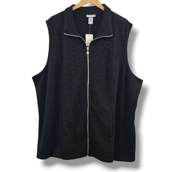Catherines Zip Vest Jacket 3X Black Lace Front Pockets Staple Fall Layering NEW - Picture 1 of 11